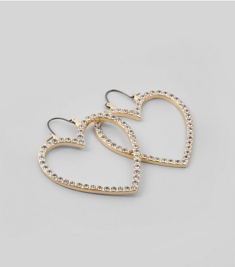 Gold Diamante Heart Hoop Earrings | New Look