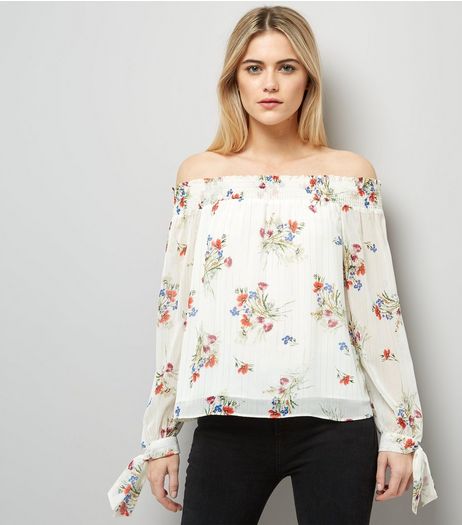White Floral Print Bardot Tie Sleeve Top | New Look