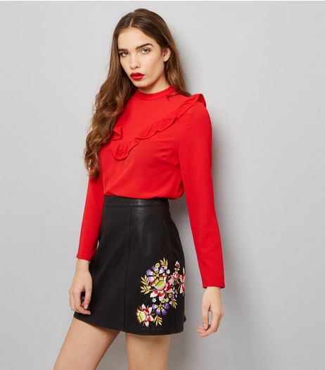 Black Floral Embroidered Leather-Look Skirt | New Look