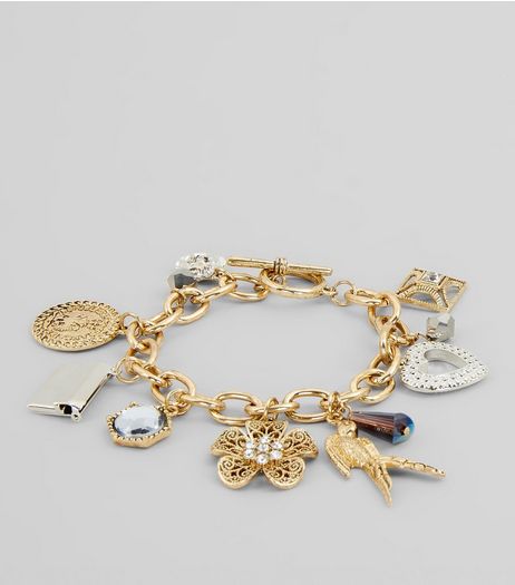 Gold Crystal Charm Bracelet | New Look