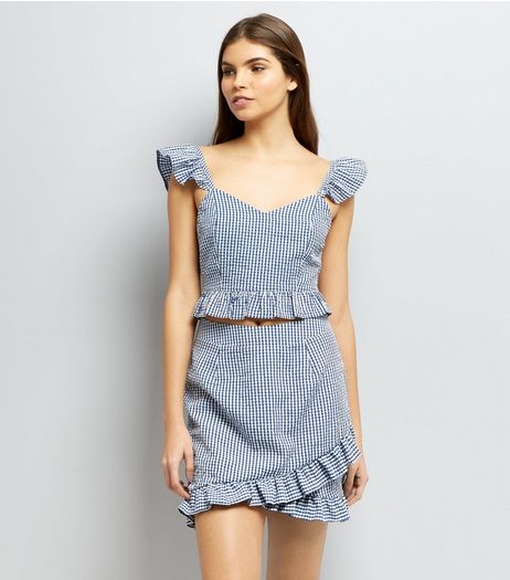Blue Gingham Check Print Frill Trim Crop Top | New Look