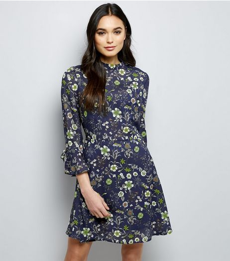 Cameo Rose Navy Floral Print Frill Sleeve Dress | New Look