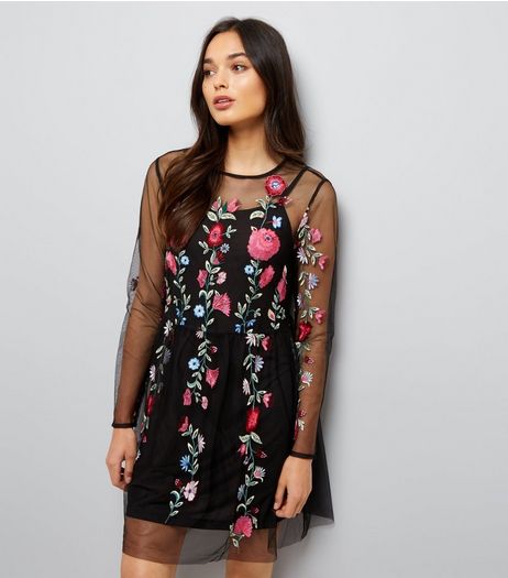 Black Mesh Floral Embroidered Skater Dress | New Look
