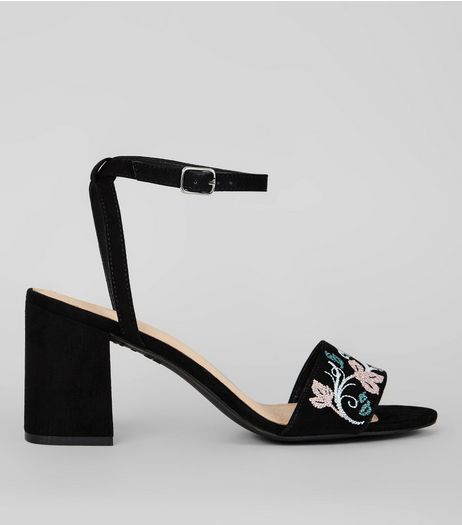 Black Comfort Suedette Floral Embroidered Heeled Sandals | New Look
