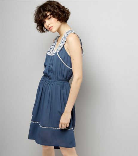 Blue Embroidered V Neck Dip Hem Dress | New Look