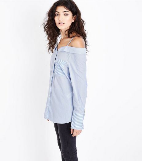 Blue Stripe Bardot Neck Dip Hem Shirt | New Look