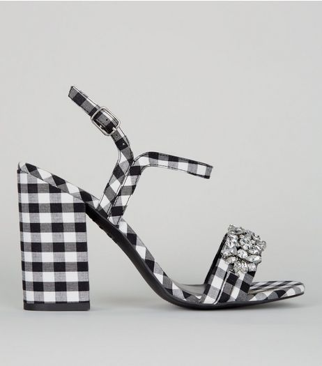Black Gingham Crystal Embellished Block Heel Sandals | New Look