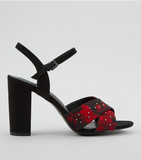 Black Studded Floral Embroidered Block Heel Sandals | New Look
