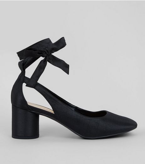 Black Satin Ankle Bow Tie Block Heeled Sandals | New Look