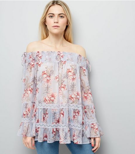 Purple Floral Print Lace Trim Bardot Neck Top | New Look