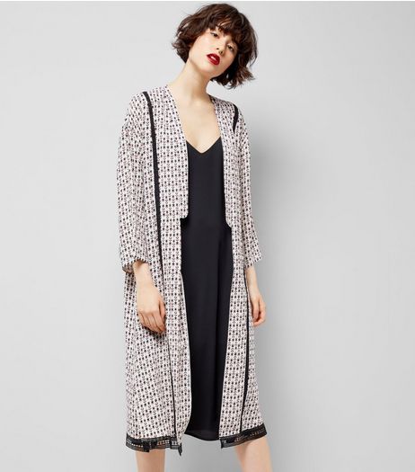White Abstract Print Crochet Trim Kimono | New Look
