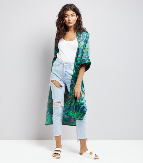 Green Satin Floral Print Kimono | New Look