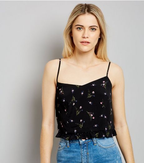 Black Frill Hem Floral Print Zip Back Cami Top | New Look