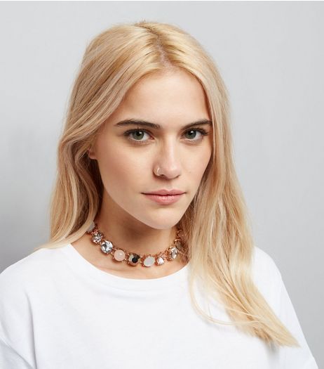Pink Crystal Pearl Gem Necklace | New Look
