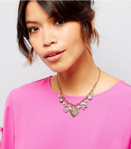 Gold Crystal Heart Charm Necklace | New Look