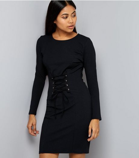 Petite Black Corset Front Ribbed Bodycon Dress | New Look