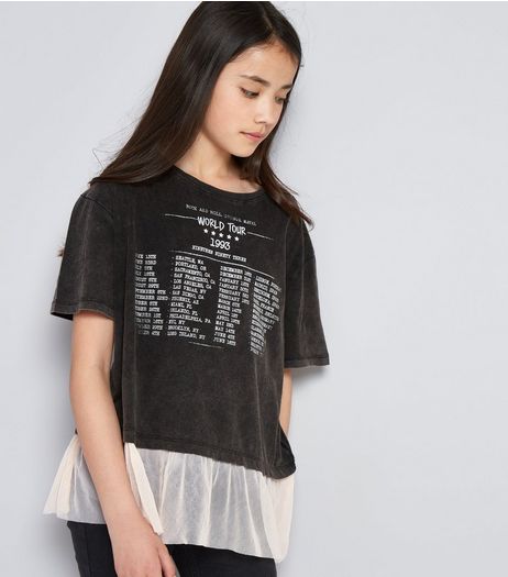 Teens Dark Grey Acid Wash Mesh Hem Tour T-Shirt | New Look
