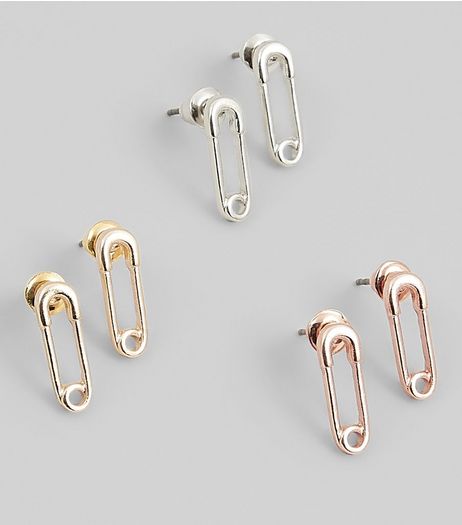 3 Pack Mixed Safety Pin Stud Earrings | New Look