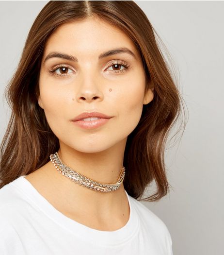 Gold and Silver Diamante Layered Chain Choker | New Look