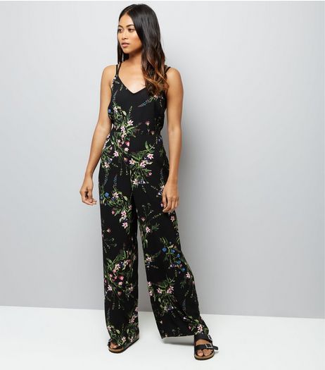 Petite Black Floral Print Wide Leg Jumpsuit | New Look