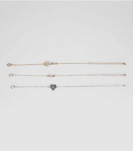 Gold 3 Pack Heart Key Bracelets | New Look