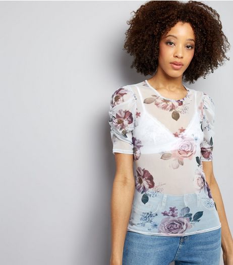 White Floral Print Ruched Sleeve Mesh Top | New Look