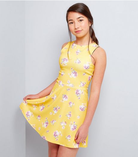 Teens Yellow Floral Print Scuba Skater Dress | New Look