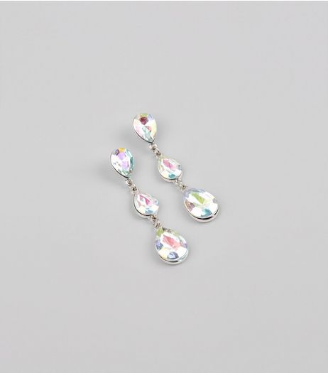 Silver Iridescent Stone Drop Earrings | New Look