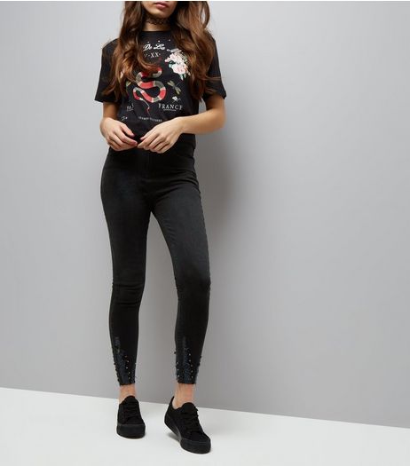 Black Studded Trim Skinny Jenna Jeans | New Look
