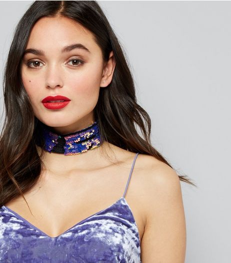 Black Velvet Sequin Choker | New Look