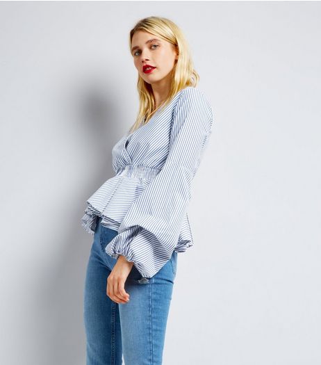Blue Vanilla Blue Striped Gathered Waist V Neck Top | New Look