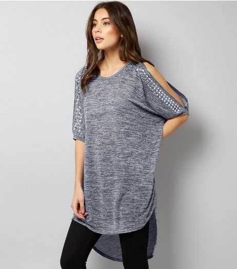 Blue Vanilla Navy Gem Studded Zip Cold Shoulder Top | New Look