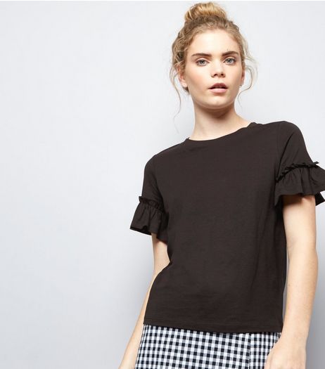 Black Frill Trim T-Shirt | New Look