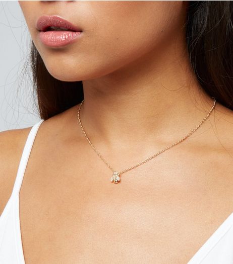 Gold Crystal Bug Pendant Necklace | New Look