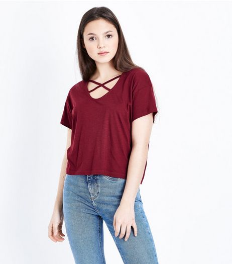Teens Burgundy Cross Strap Front T-Shirt | New Look