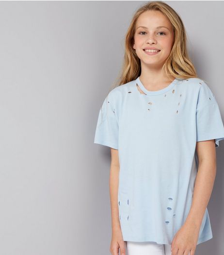 Teens Pale Blue Ripped Oversized T-Shirt | New Look
