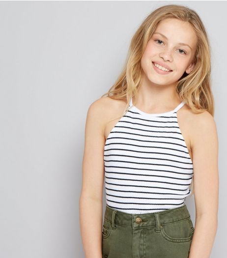 Teens White Stripe Ribbed High Neck Cami | New Look