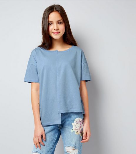 Teens Pale Blue Asymmetric Spliced T-Shirt | New Look