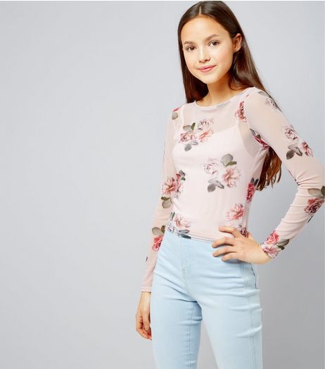 Teens Print Rose Print Long Sleeve Mesh Top | New Look