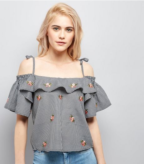 Tall Black Gingham Embroidered Cold Shoulder Top | New Look