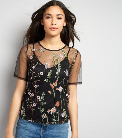 Tall Black Embroidered Mesh T-Shirt | New Look