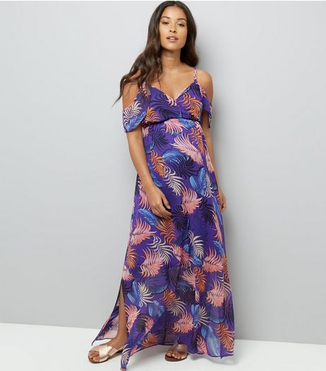 Maternity Purple Tropical Print Cold Shoulder Maxi Dress | New Look
