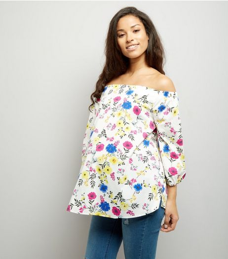 Maternity White Floral Print Bardot Neck Top | New Look