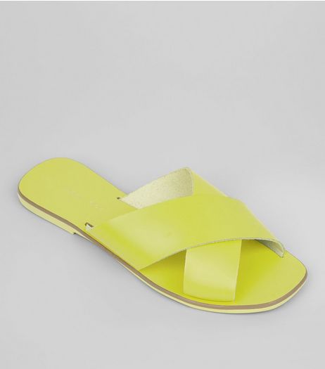 Neon Green Leather Cross Strap Mules | New Look
