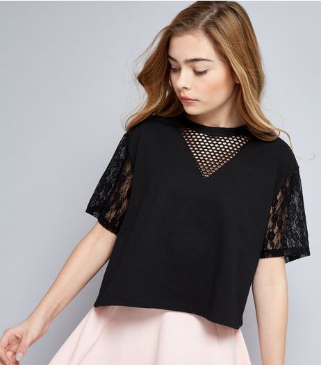 Teens Black Mesh and Lace Sleeve Crop Top | New Look
