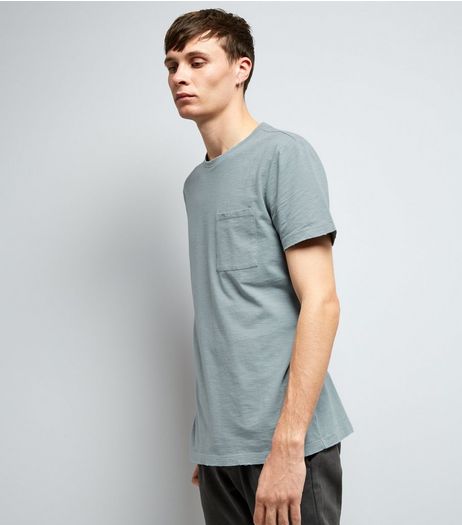Pale Blue Distresed Pocket Front T-Shirt | New Look