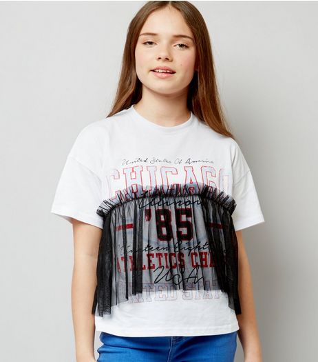 Teens White Chicago Print Gathered Mesh Overlay T-Shirt | New Look
