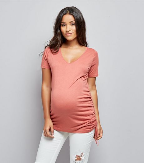 Maternity Orange Ruched Side T-Shirt | New Look