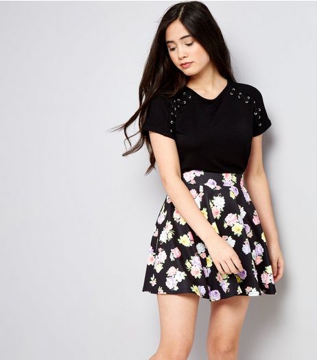 Teens Black Eyelet Lattice Raglan Sleeve T-Shirt | New Look