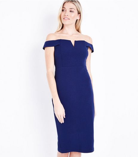 AX Paris Blue Bardot Neck Midi Dress | New Look